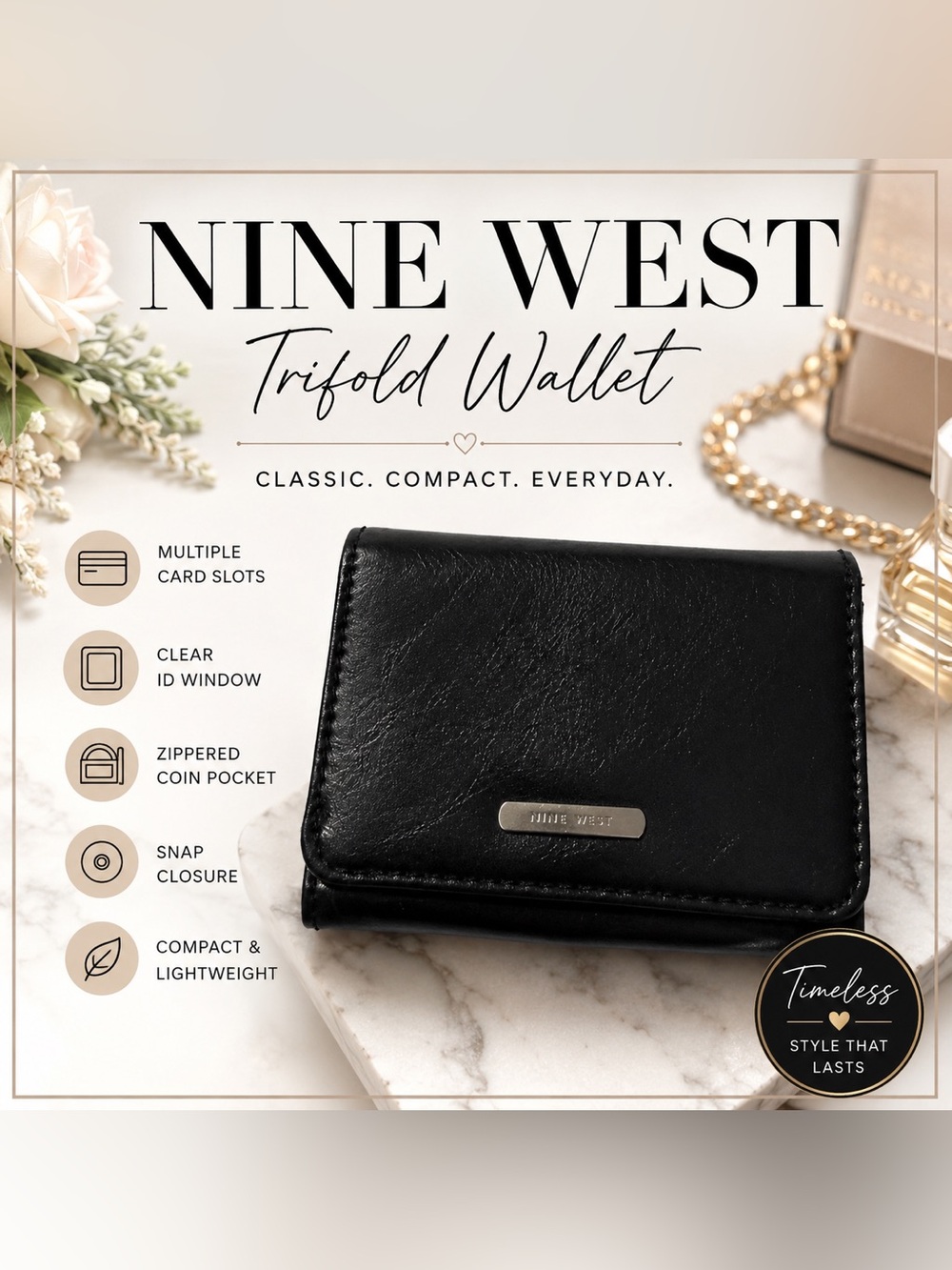 Nine West Black Trifold Wallet Coin Purse Snap Closure Compact Faux Leather